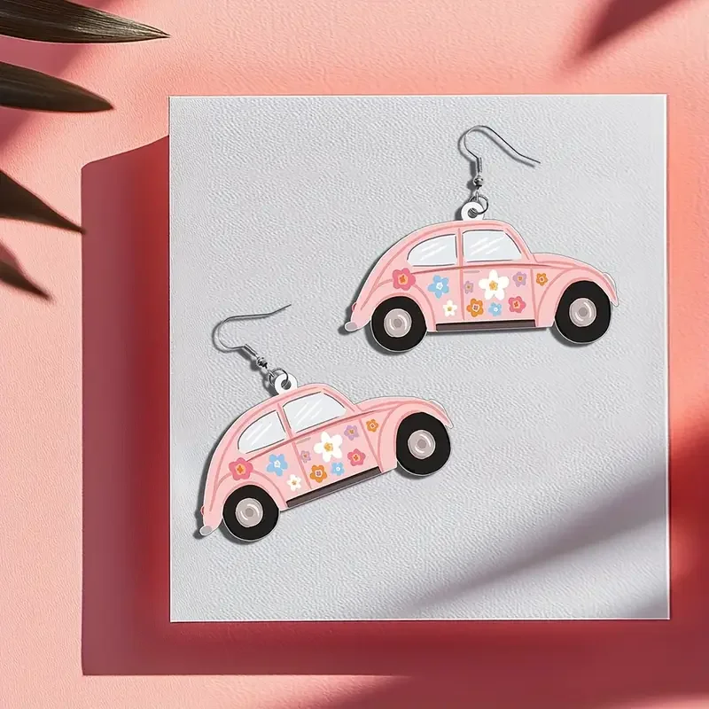 Pink VW Bug with Flowers Earrings
