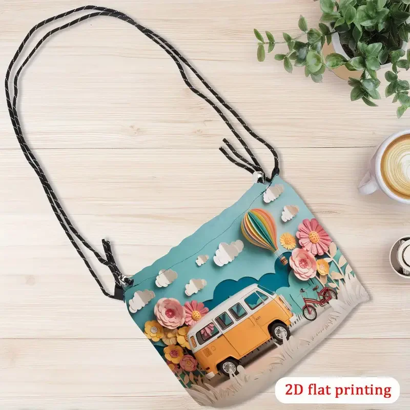 Yellow and White VW Bus Drawstring Crossbody Bag
