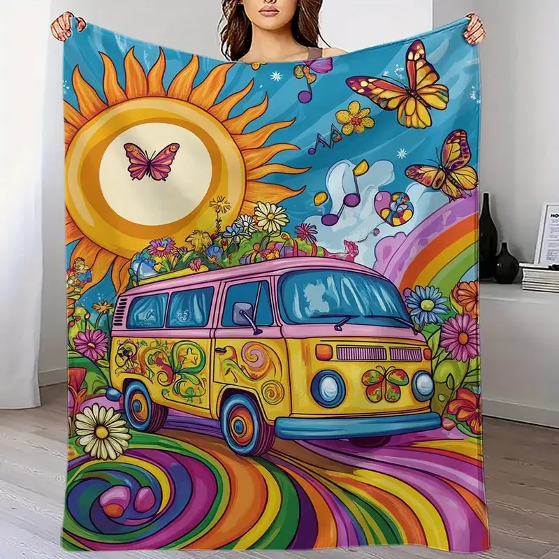 Yellow Bay Window with Rainbows and Butterflys Blanket.webp