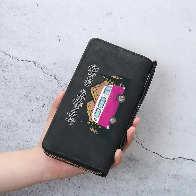 Pink VW Bus - Adventure Awaits - Black Zip Wallet
