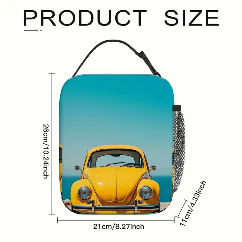 Yellow Bug Blue Background Lunch Tote Measurements.webp