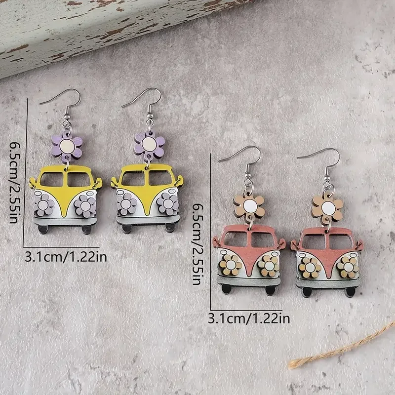 Yellow & Pink Hippie Bus Earrings Measurements.webp