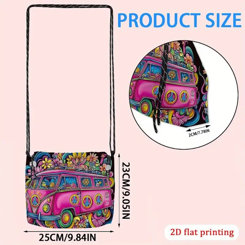 Pink Peace Splitty Bus Drawstring Bag Measurements.webp