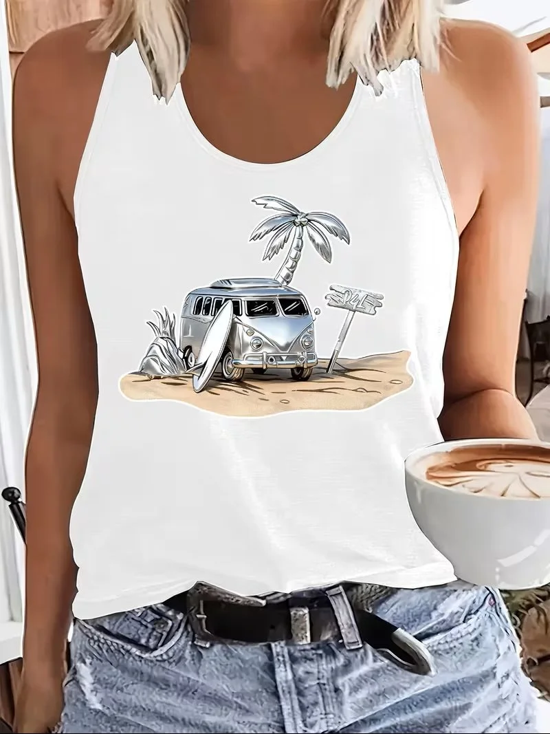 Women's White Tank  Top with Silver 1960's Surf VW Bus