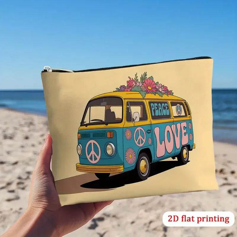 Blue and Yellow Peace and Love  70's VW Bus Cosmetic Bag