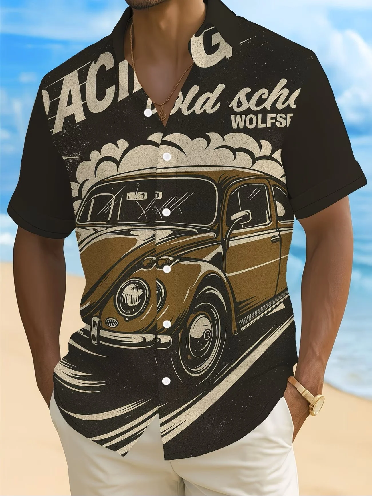 Black Old School VW Bug Hawaiian Shirt