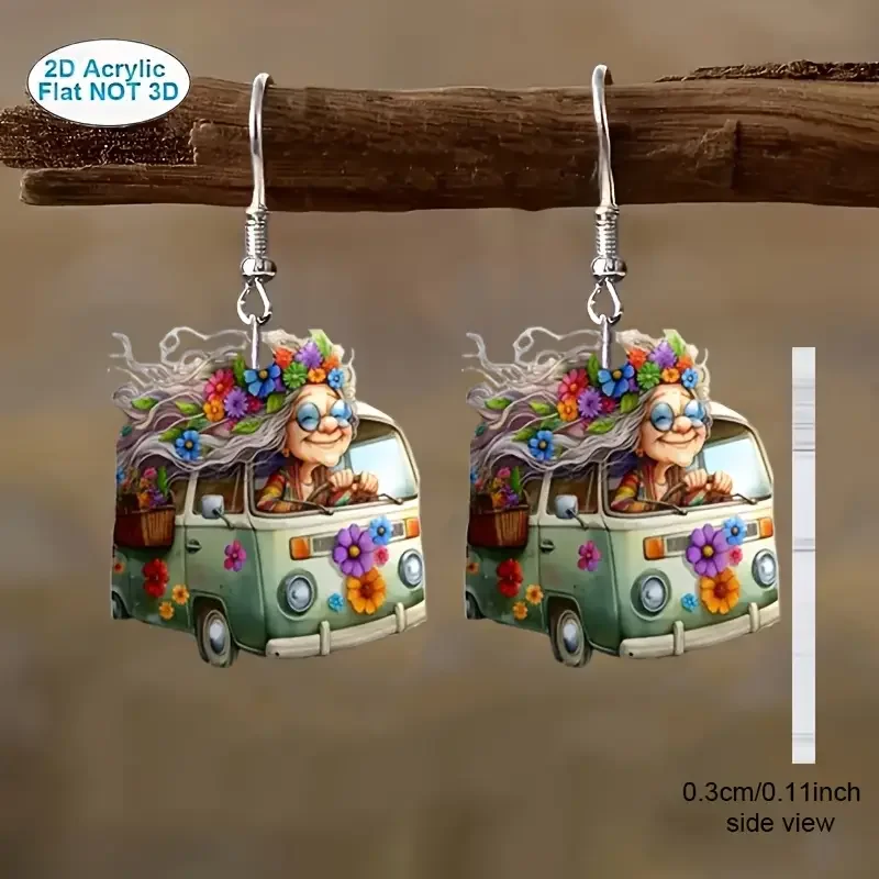 Hippie Woman in VW Bus Earrings