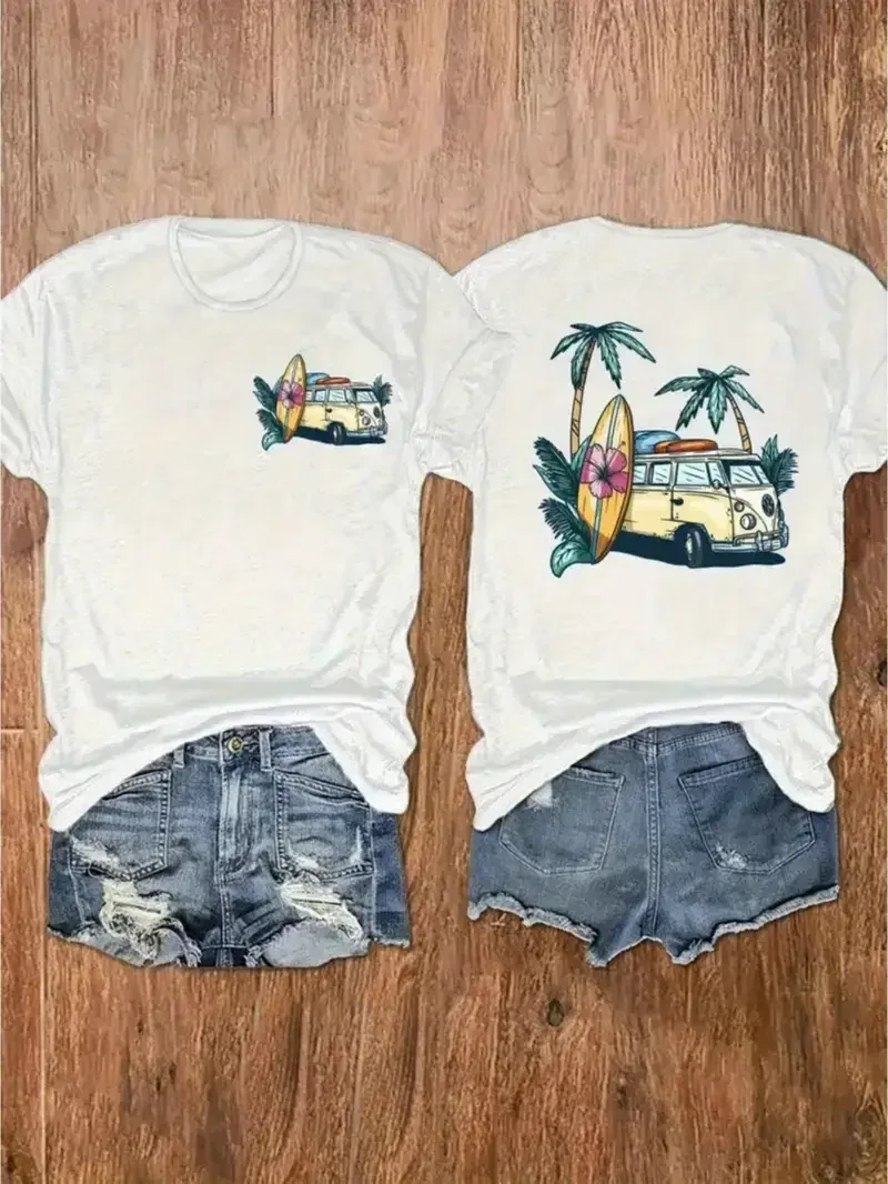 White T Shirt Yellow and white splitty surf bus.webp