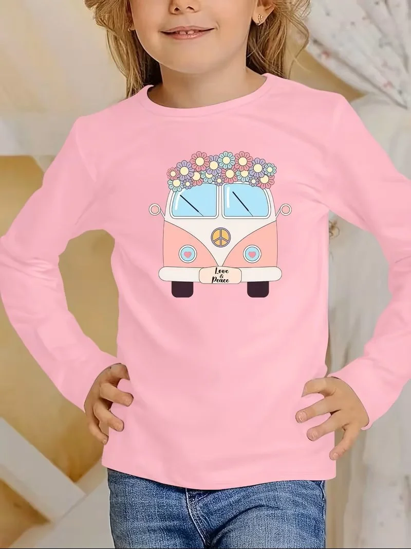 Girl's Pink Long Sleeve Peace & Love VW Bus Shirt