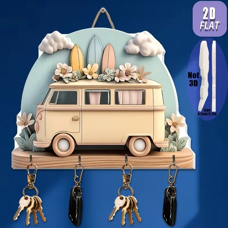 White 1960's VW Bus Keychain Holder