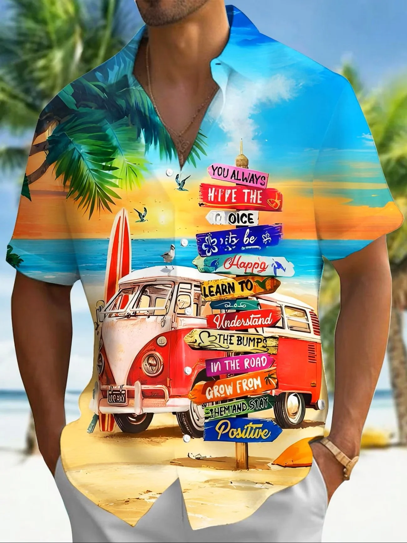 Red Bus with Signs Hawaiian Shirt.jpg