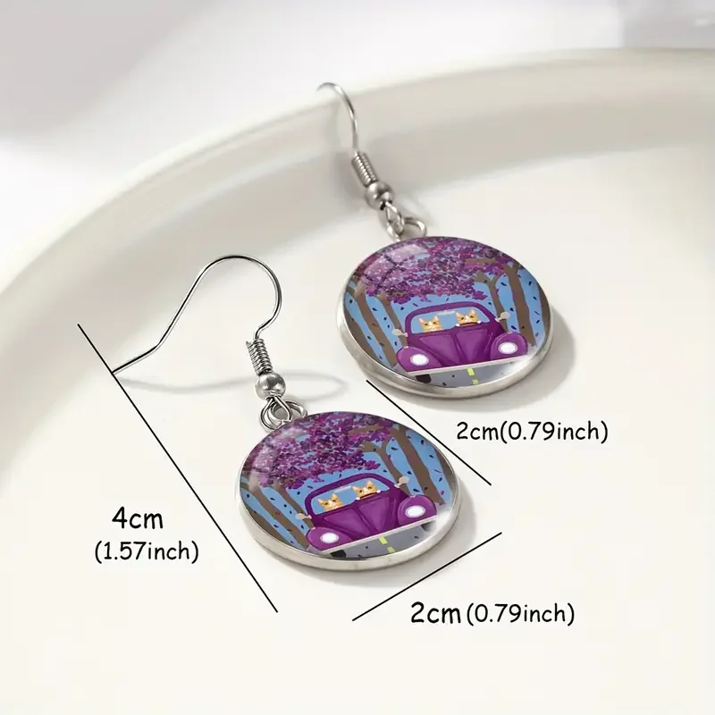Round Purple Bug Orange Cats Dangle Earrings Measurements.webp