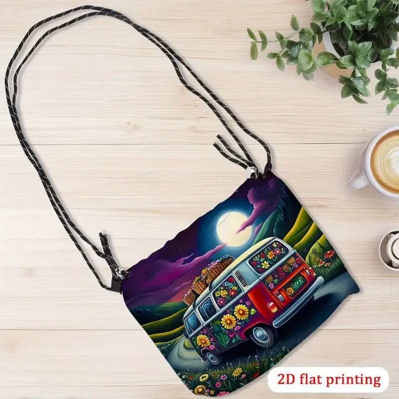 Red 1970's VW Flower Bus Drawstring Crossbody Bag