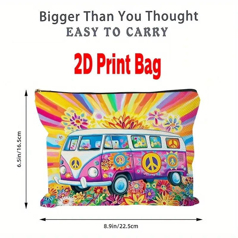 Pink White Rainbow Yellow Peace Signs Cosmetic Bag Measurements.webp