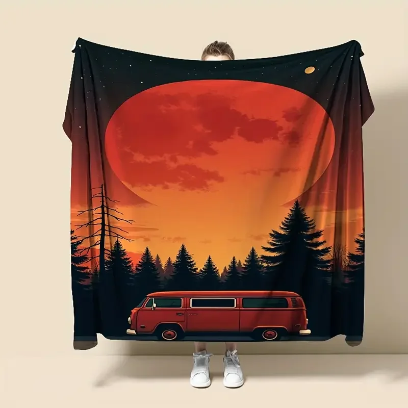 Red VW Bay Window Bus Under the Moon