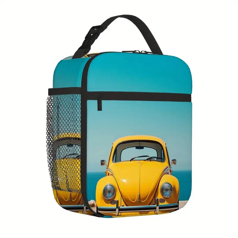 Yellow Bug Blue Background lunch tote side view.webp
