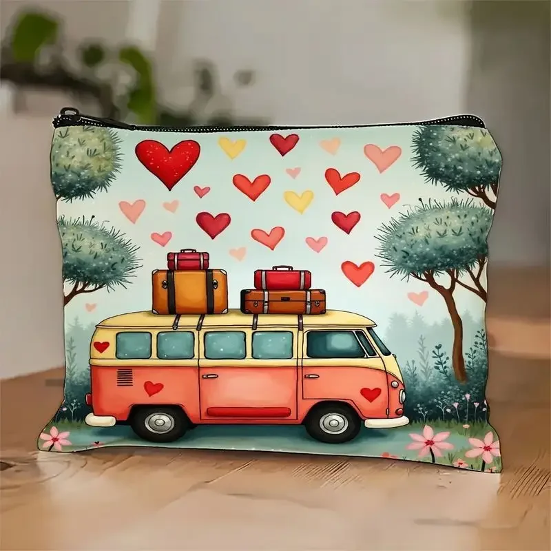 Red & White VW Bus with Hearts Cosmetic Bag