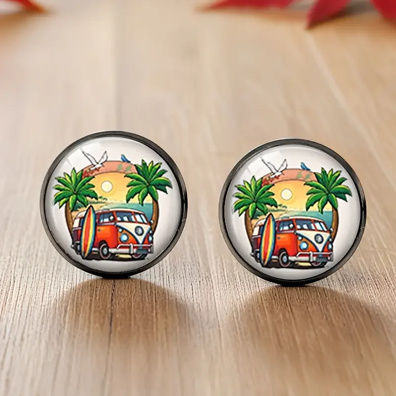Red and White VW Surf Bus Stud Earrings