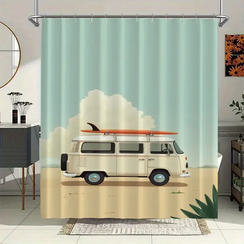 White Bay Window Bus with Surfboard Shower Curtain