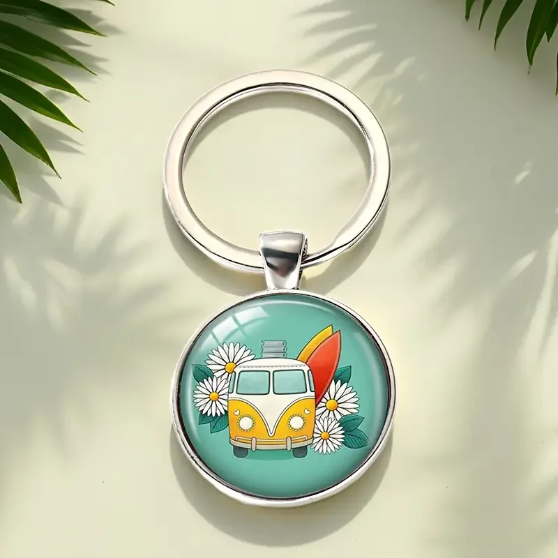 Yellow&White Bus with Red Sufrboard Keychain.webp