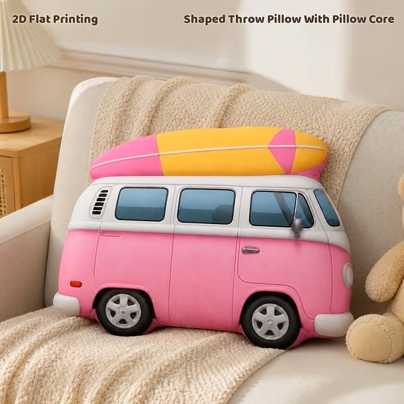 Pink VW Surf Bus Shaped Throw Pillow