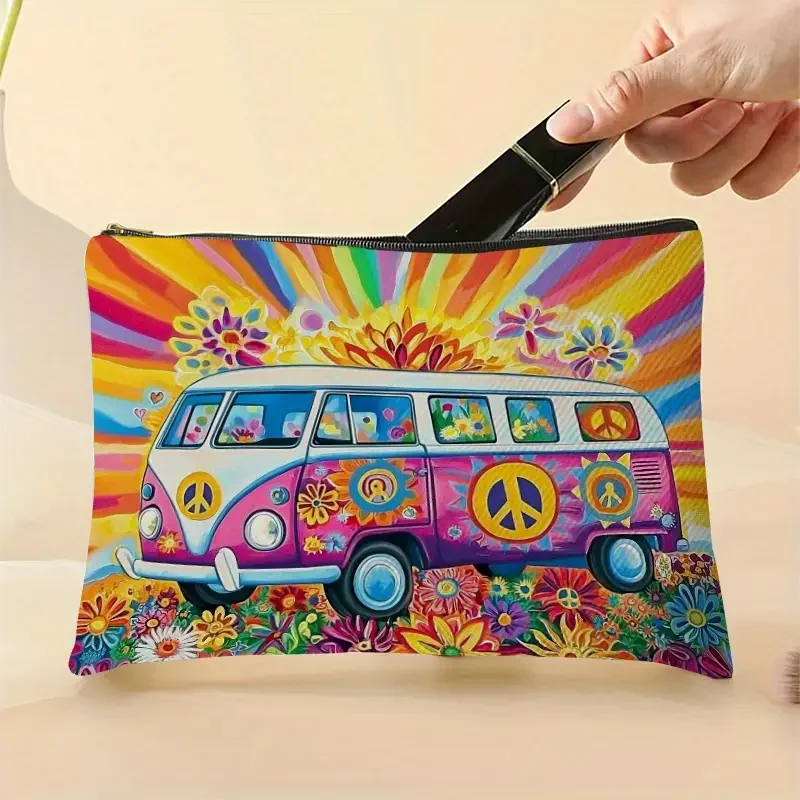 Pink and White Rainbow Peace VW Bus Cosmetic Bag