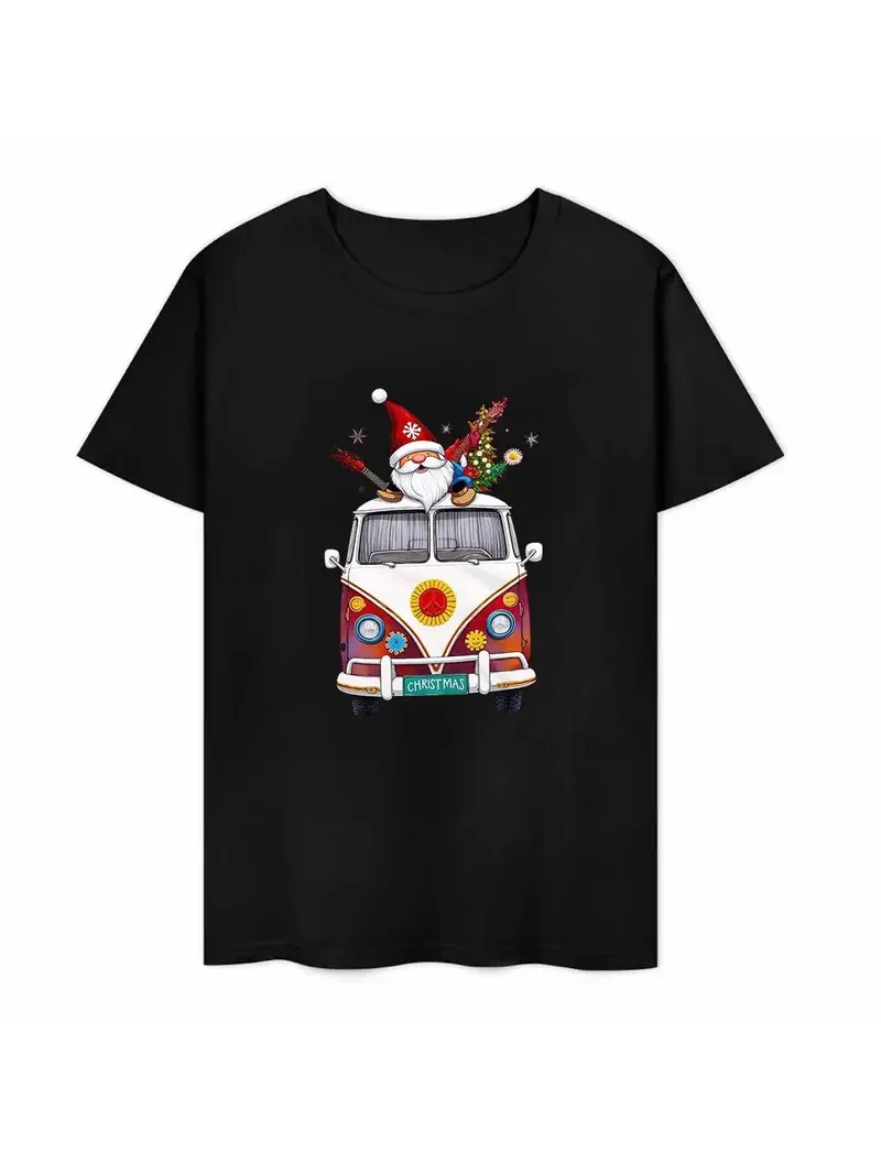 Santa Peace Bus Black T Shirt.webp