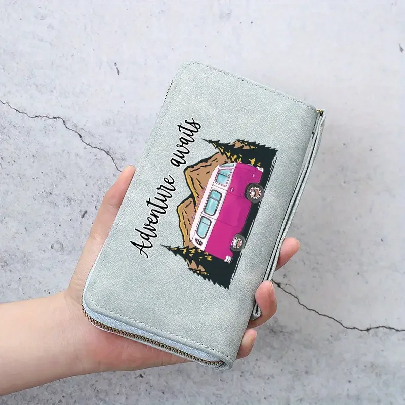 Pink VW Bus - Adventure Awaits - Light Blue Zip Wallet