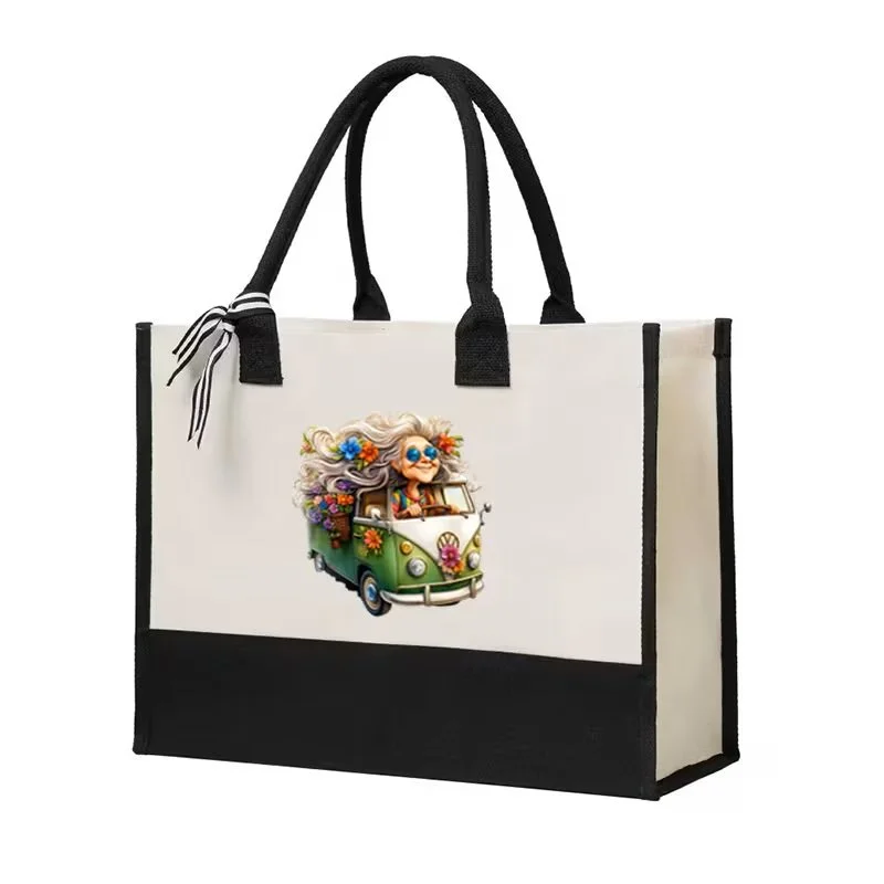 Hippie Woman in Green VW Bus  Canvas Tote