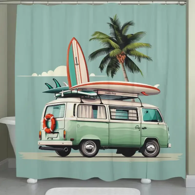 Green Bay Window Bus with Surfboards Shower Curtain