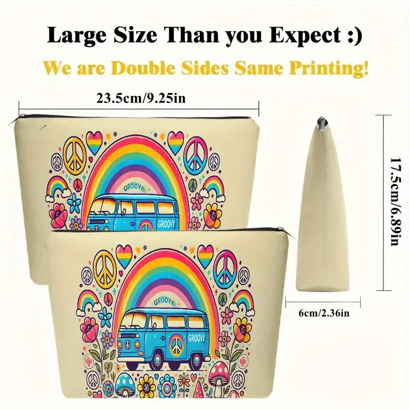 Blue Groovey Rainbow Peace Bay window Cosmetic Bag Measurements.webp