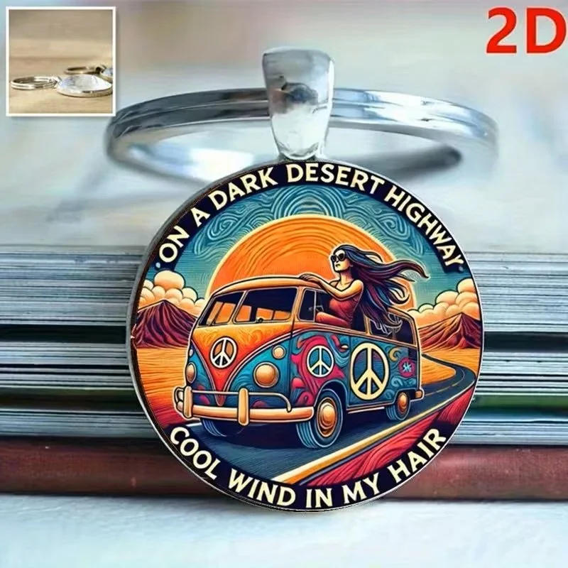 On A Dark Desert Highway Hippie VW Bus Keychain