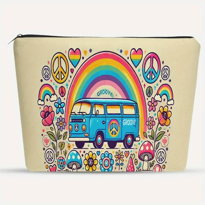 Blue 1970's VW Groovey Rainbow Bus Cosmetic Bag