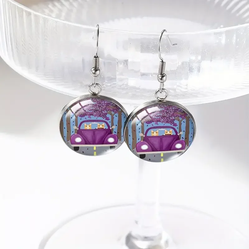Round Purple Bug Orange Cats Dangle Earrings.webp