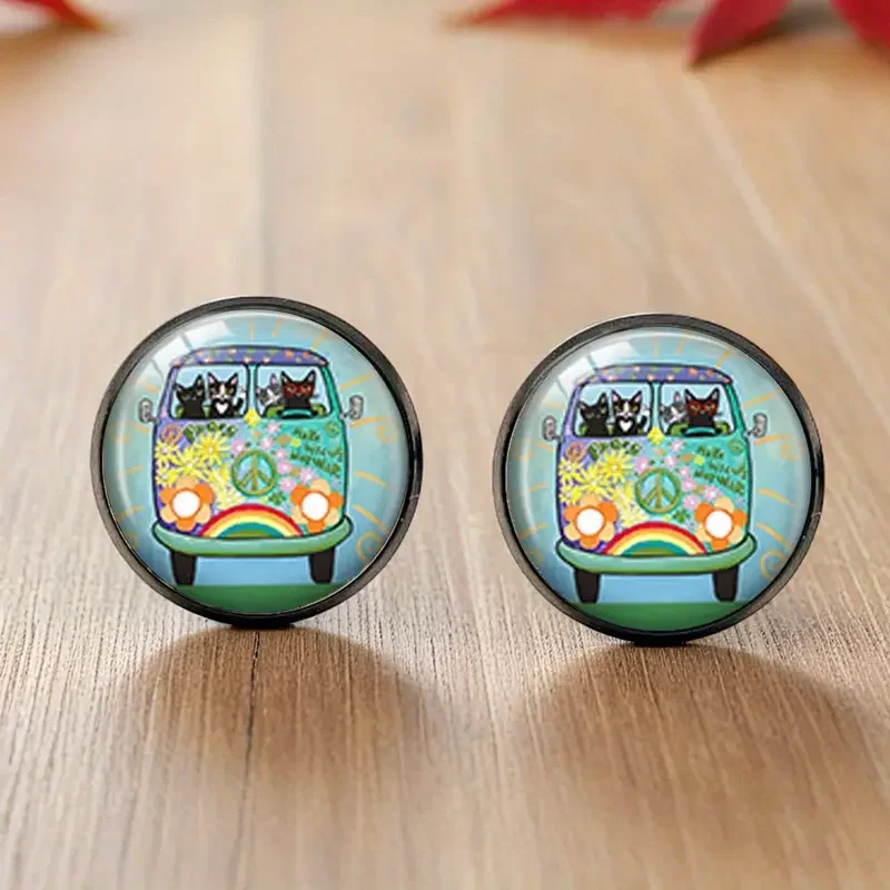 Round Rainbow Cat Bus Earrings Studs.webp