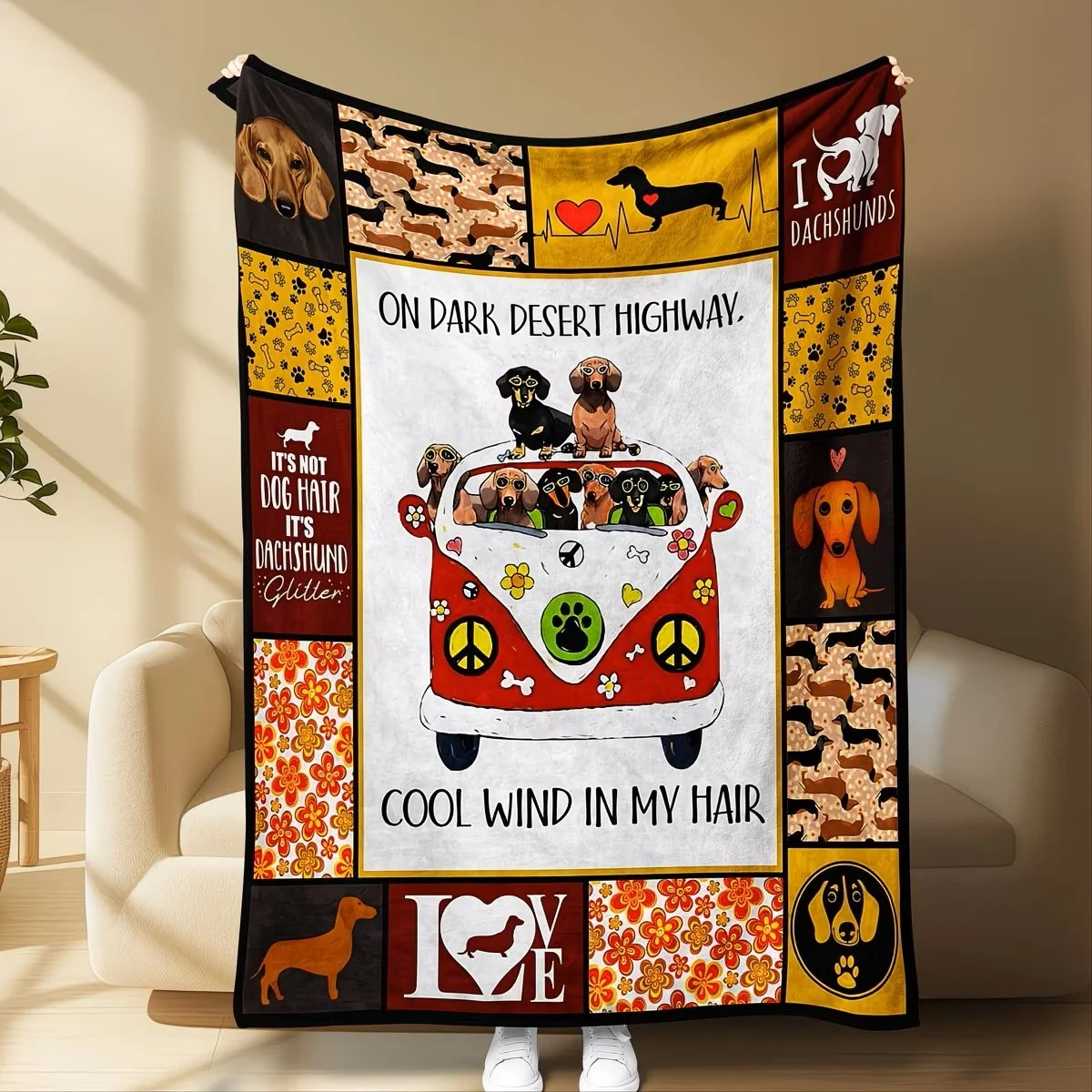 On A Dark Desert Highway Dachshunds in Red VW Bus Blanket