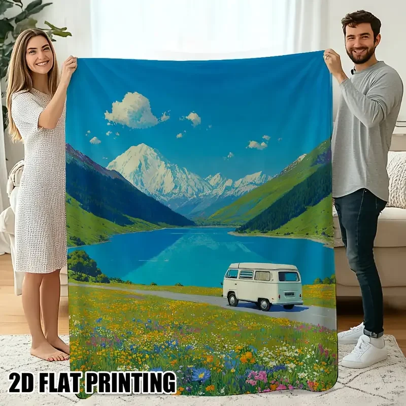 White Bay Window Bus Lake Blanket.webp