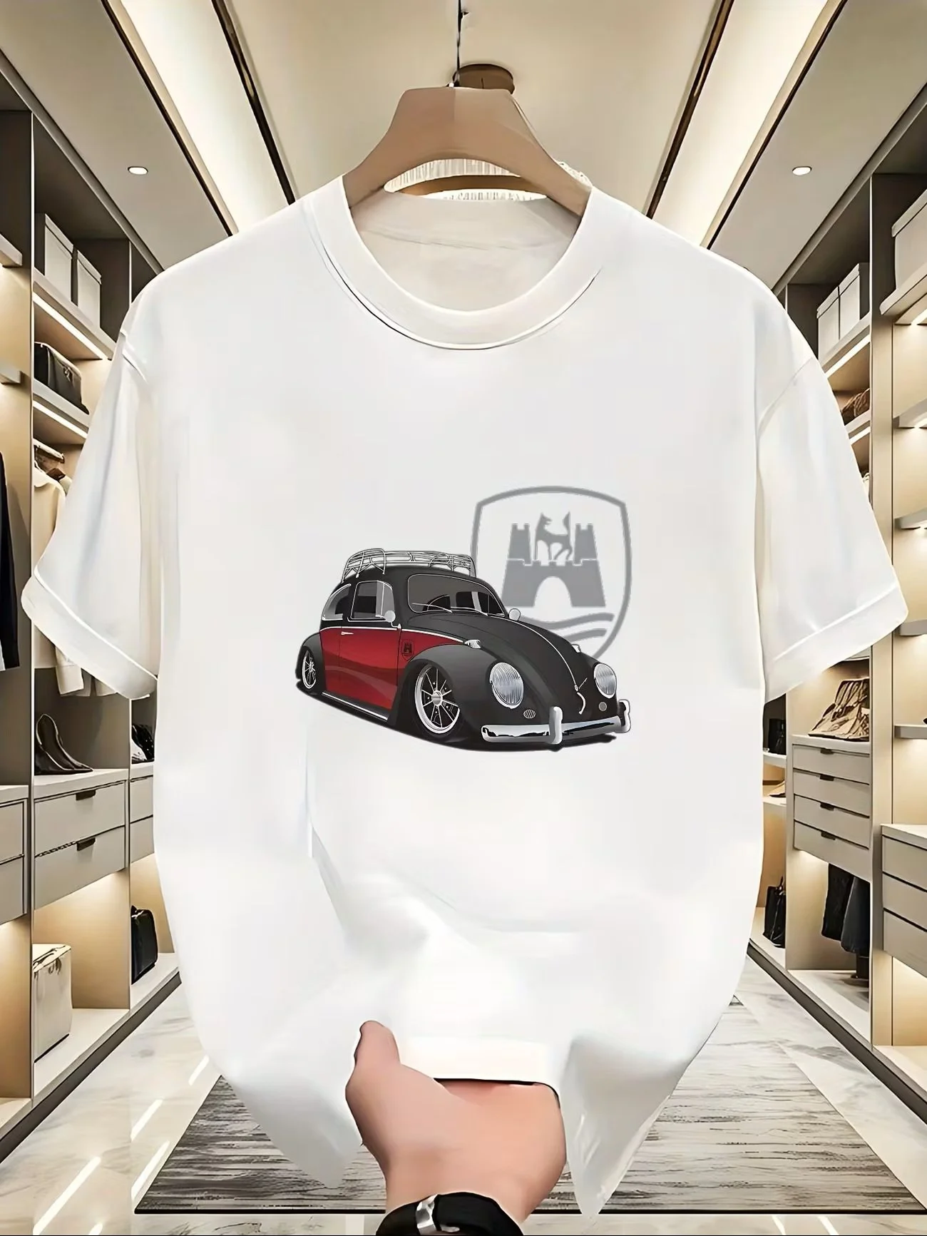 White T Shirt with Lowered Black & Red VW Bug