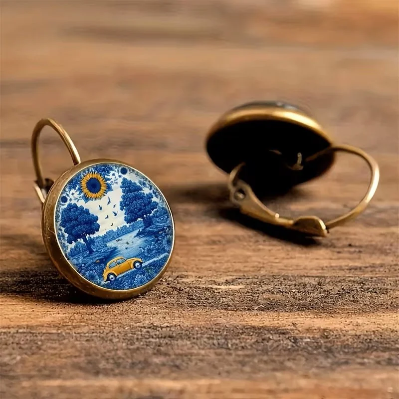 Yellow Bug Blue Background round earrings style.jpg