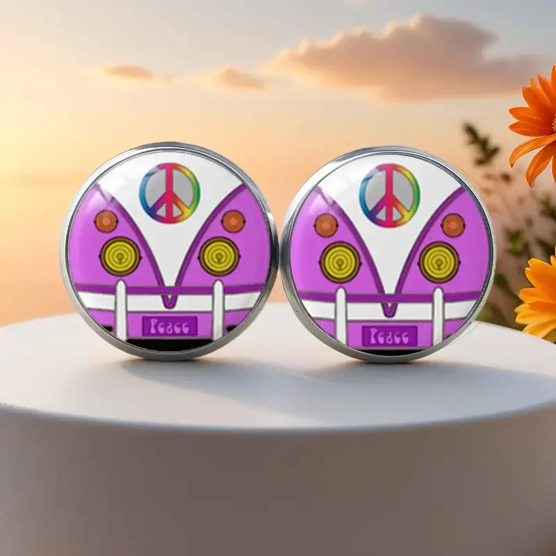 Pink and White VW Peace Sign Bus Stud Earrings