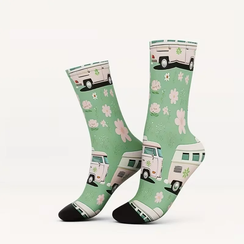 Unisex Mint Green Socks with Pink Vintage VW Buses and Flowers