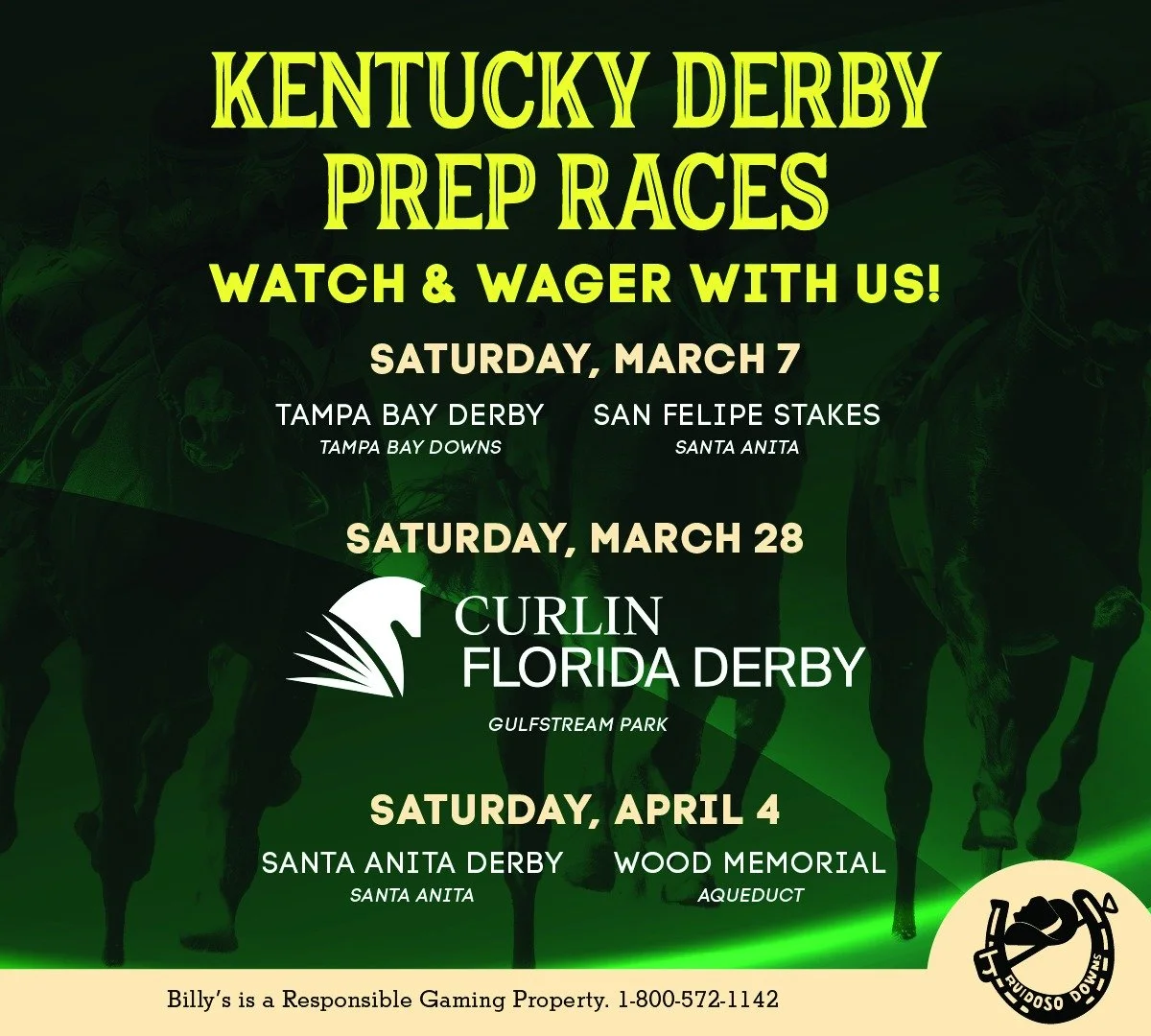 Promotional event graphic for Kentucky Derby Prep Races Watch Party at Billy's Sports Bar & Grill in Ruidoso Downs, NM