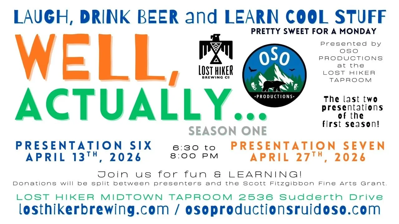Promotional event graphic for Well, Actually... an Oso Production at Lost Hiker Brewing Company in Ruidoso, NM