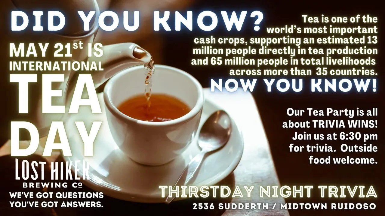 Promotional event graphic for Thirstday Night Trivia at Lost Hiker Brewing Company from 6:30 - 8:00 PM in Ruidoso, NM