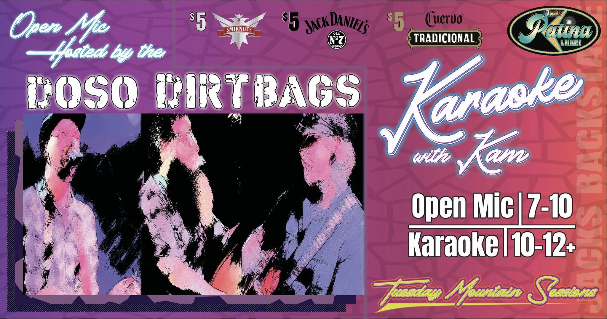 Promotional event graphic for Open Mic & Karaoke at Jacks Patina Lounge Tuesday nights in Ruidoso, NM