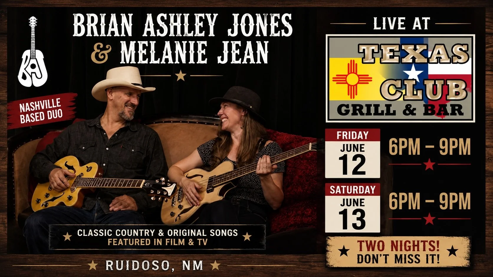 Promotional graphic featuring musicians Brian Ashley Jones and Melanie Jean holding guitars for upcoming live performances at Texas Club Grill & Bar in Ruidoso, New Mexico.