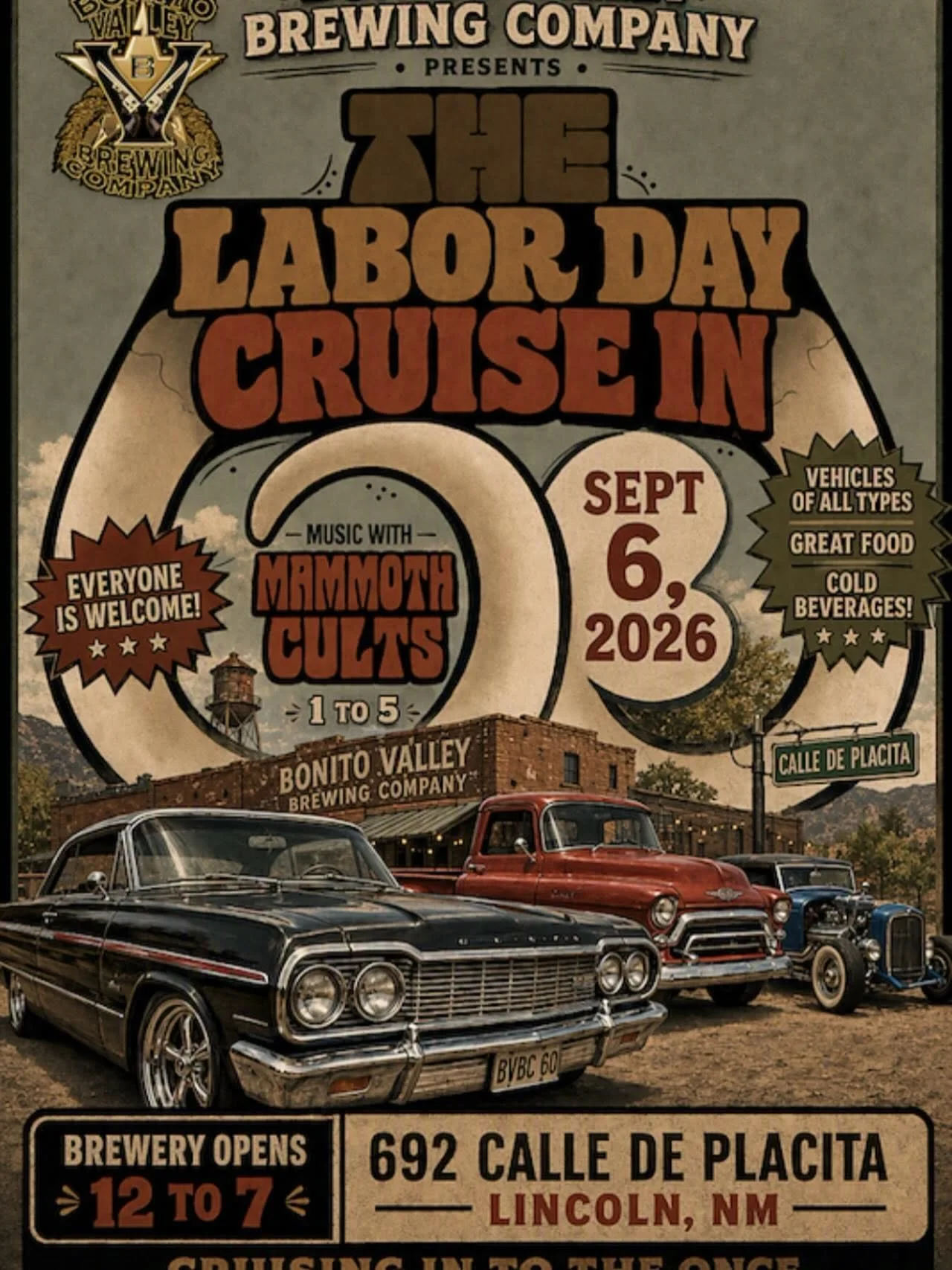 Vintage-style poster for Bonito Valley Brewing Company’s Labor Day Cruise-In on September 6, 2026, featuring classic cars and trucks, live music by Mammoth Cults from 1–5 PM, and event details for the brewery in Lincoln, New Mexico.