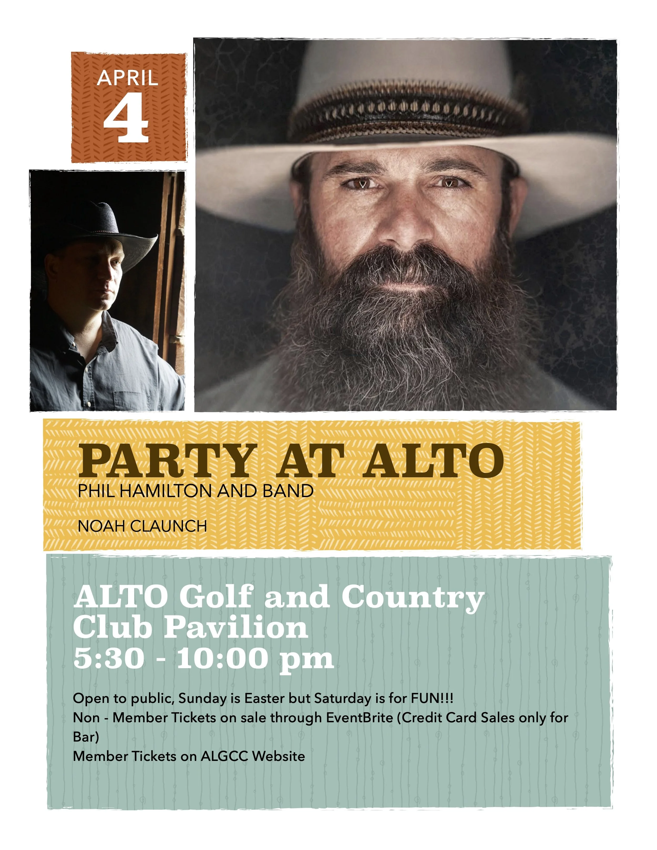 Promotional event flyer for Party at Alto with Phil Hamilton on April 4, 2026, in Alto, NM, near Ruidoso