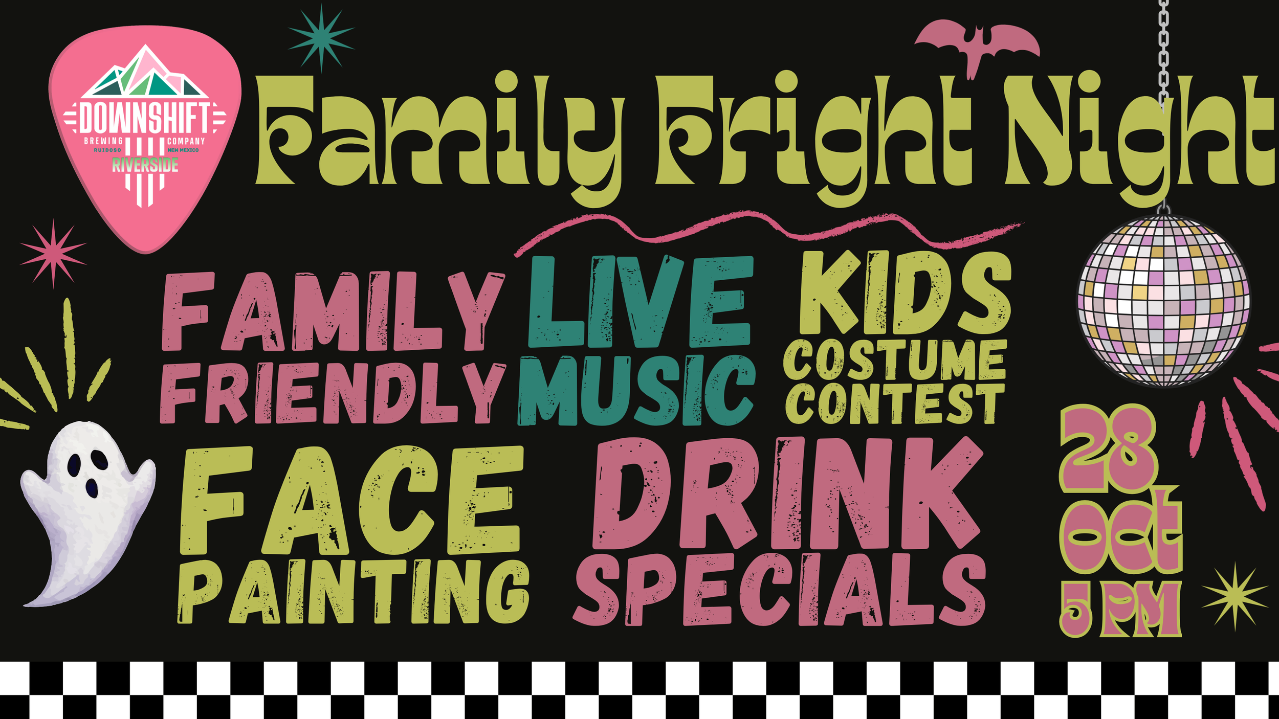 Family Fright Night at Downshift Brewing Company – Riverside on October 28, 2026, featuring family-friendly live music, a kids costume contest, face painting, and drink specials.