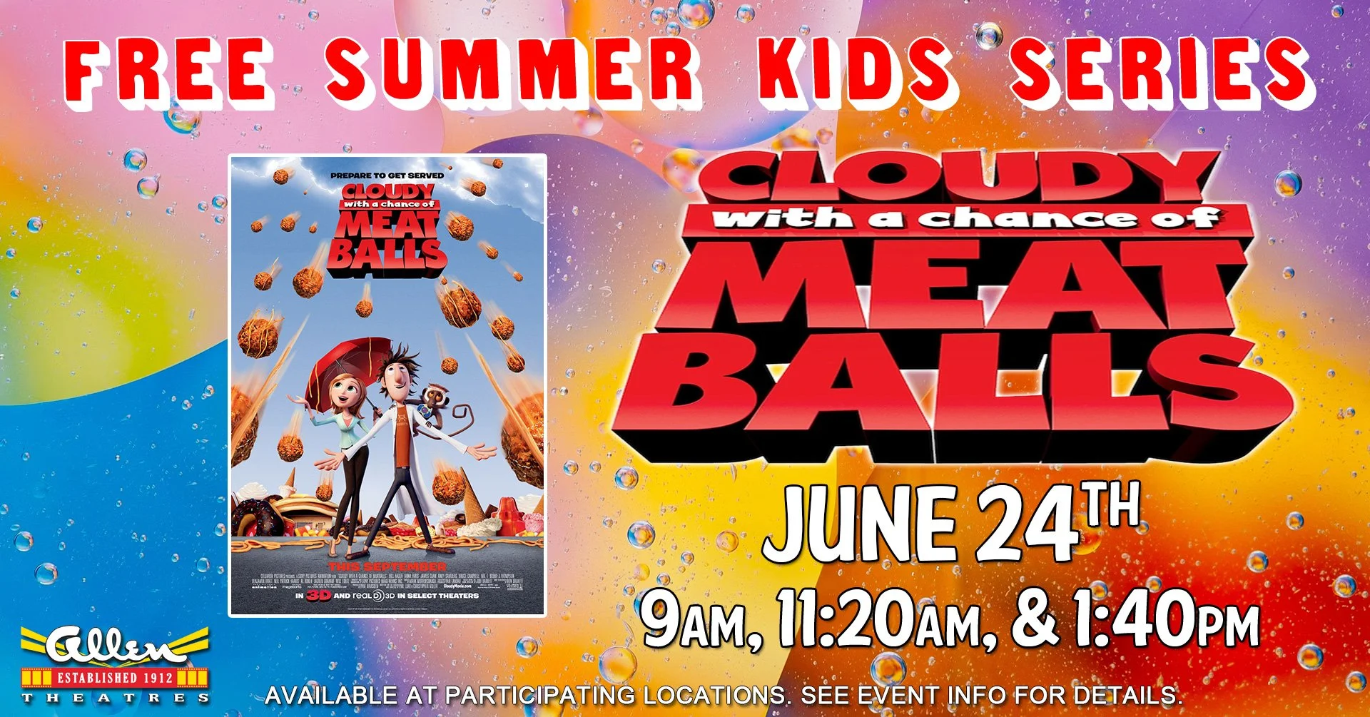 Promotional event graphic for Free Summer Kids Series: Cloudy with a Chance of Meatballs at Sierra Cinema on June 24, 2026, in Ruidoso, NM